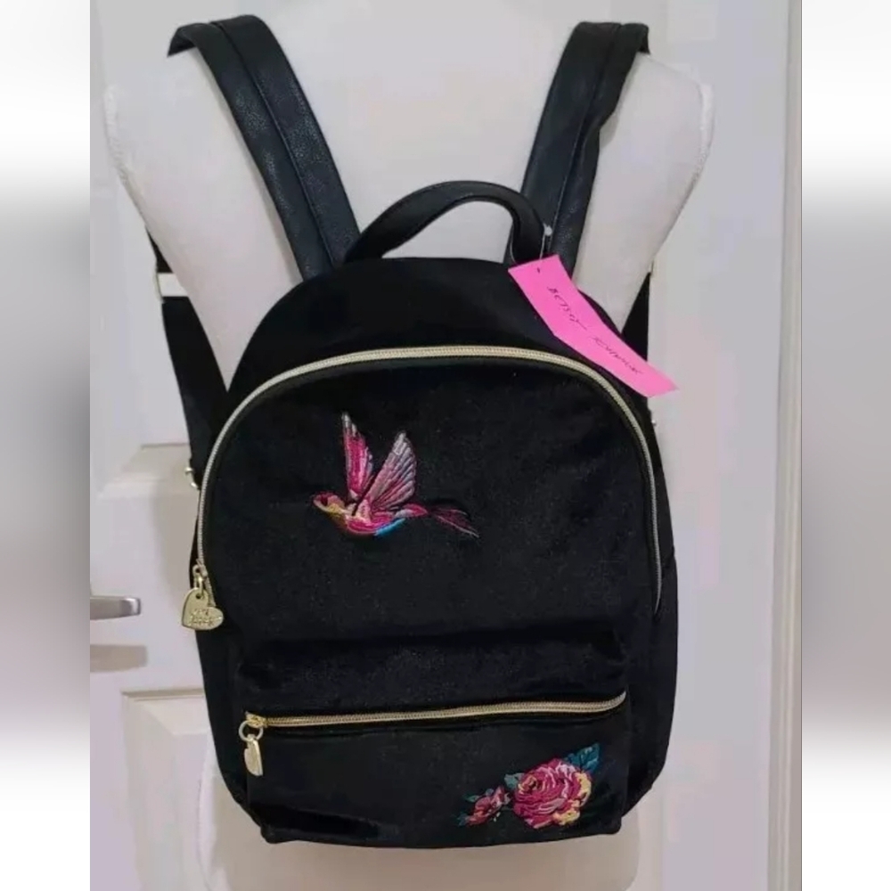 Betsy Johnson Black Embroidered Velvet Small Backpack